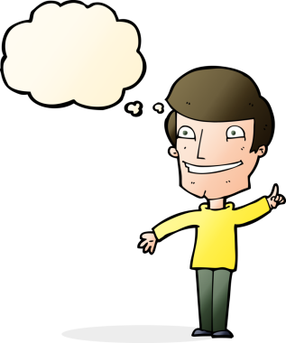 Düşünce baloncuğuyla sırıtan orijinal çizgi film adamı.