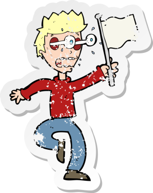 Orijinal gerilim dolu çizgi film çıkartması. Korkmuş çocuk pes ediyor.