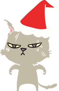 Noel Baba şapkası takan bir kedinin orijinal sert çizilmiş düz renk çizimi