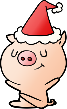 Orijinal mutlu el çizimi Noel Baba şapkası takan bir domuzun çizgi filmi.