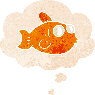 Düşünce baloncuklu orijinal karikatür balığı grunge sıkıntı retro desenli tarzı
