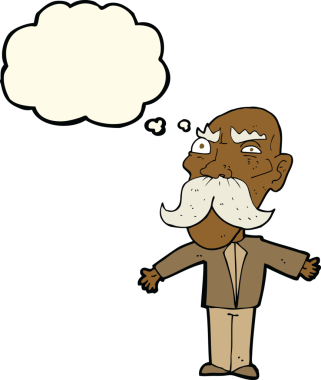 Düşünce baloncuğu olan kızgın yaşlı adam.