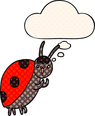 Bir insan tarafından çizilmiş çizgi roman tarzında düşünce balonu olan sevimli uğur böceği.