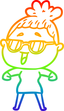 Bir insan tarafından çizilmiş gözlük takan mutlu bir kadının çizgi çizimi.