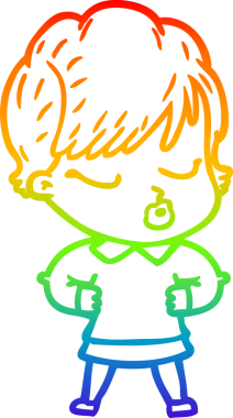 Gökkuşağı gradyan çizgi çizimi bir insan tarafından çizilmiş gözleri olan bir karikatür kadın