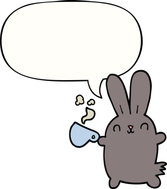 Bir insan tarafından çizilmiş kahve fincanı olan sevimli çizgi film tavşanı.