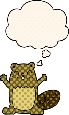 Bir insan tarafından çizilmiş çizgi roman tarzında düşünce balonu olan çizgi film kunduzu.