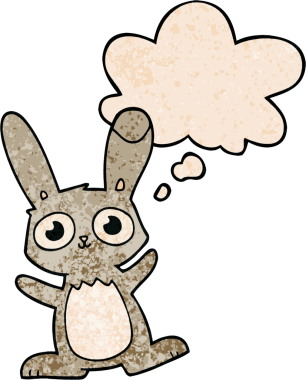 Bir insan tarafından çizilmiş grunge desenli düşünce baloncuklu şirin çizgi film tavşanı.