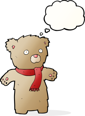 Bir insan tarafından çizilmiş düşünce balonlu oyuncak ayı.