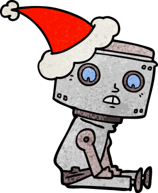 Bir insan tarafından çizilmiş Noel Baba şapkası giyen bir robotun el çizimi karikatürü.