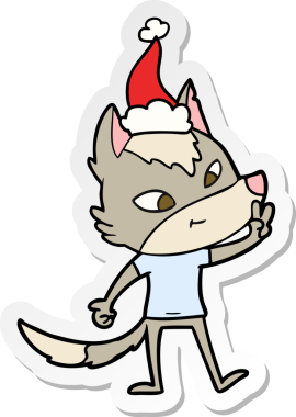 Bir insan tarafından çizilmiş Noel Baba şapkasıyla barış işareti yapan bir kurt resmi.