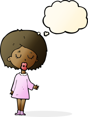 Çizgi filmdeki kadın bir insan tarafından çizilmiş düşünce balonuyla anlatmak istediği şeyi anlatıyor.