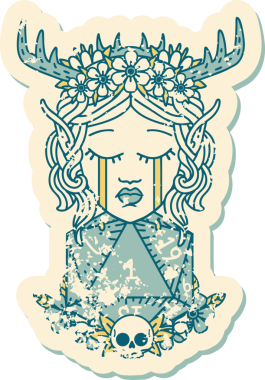 Retro Dövme Tarzı Ağlayan Elf Druid karakteri suratı Bir insan tarafından çizilmiş doğal bir D20 ruloyla