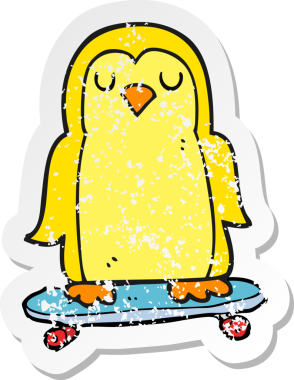 Kaykayın üzerinde bir insan tarafından çizilmiş bir karikatür kuşunun gerilimli retro yapıştırması