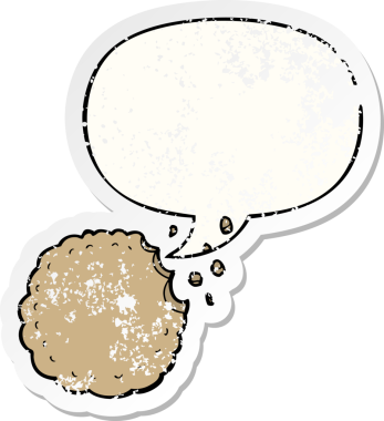 Konuşma balonlu çizgi film kurabiyesi bir insan tarafından çizilmiş sıkıntılı eski bir çıkartma