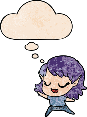 Karton mutlu elf kızı bir insan tarafından çizilmiş grunge desenli düşünce baloncuğuyla dans ediyor