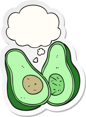 Düşünce baloncuğu olan çizgi film avokadosu insan tarafından çizilmiş bir çıkartma.