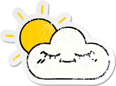 Sevimli bir çizgi film yıldızının sıkıntılı çıkartması ve bir insan tarafından çizilmiş bulut.