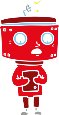 Bir insan tarafından çizilmiş düz renkli çizgi film robotu