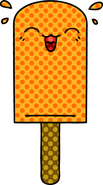 Çizgi roman tarzı tuhaf bir çizgi film. Bir insan tarafından çizilmiş turuncu buz lolipopu.