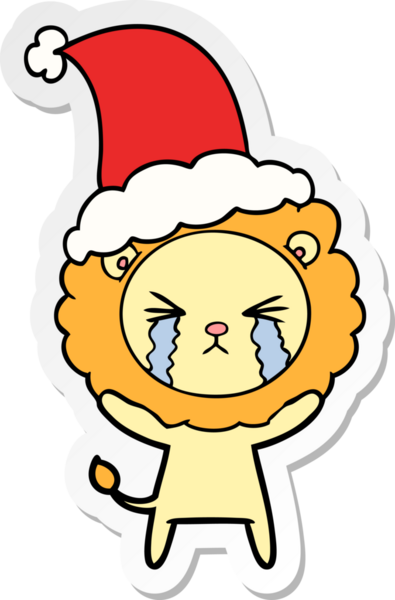 Ağlayan bir aslanın insan tarafından çizilmiş Noel Baba şapkası taktığı el yazısı.