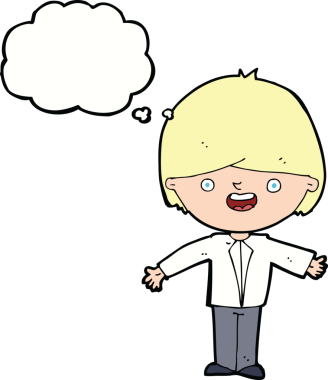 Bir insan tarafından çizilmiş düşünce baloncuğuyla kolları açık mutlu çocuk çizgi filmi.