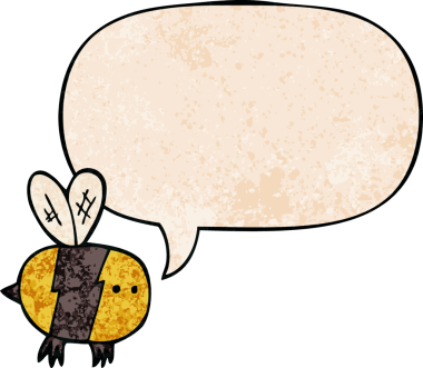 Konuşma baloncuğu olan çizgi film arısı insan tarafından çizilmiş eski moda dokular.