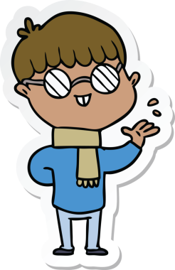 Bir insan tarafından çizilmiş gözlüklü bir çizgi film çocuğunun çıkartması.