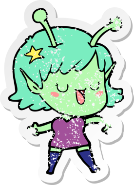 Bir insan tarafından çizilmiş mutlu uzaylı kız çizgi filminin sıkıntılı çıkartması.