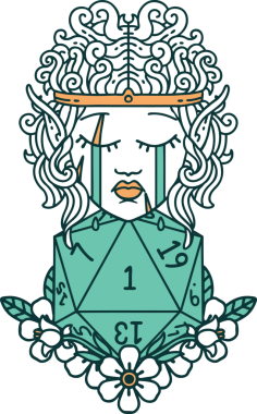 Retro Dövme Tarzı Ağlayan Elf Barbar Karakteri Bir insan tarafından çizilmiş doğal bir D20 rulosu