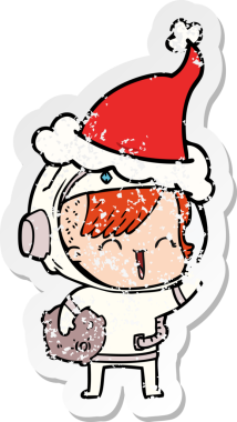 Mutlu bir uzay kızının, elinde ay taşı tutan, Noel Baba şapkası takan, bir insan tarafından çizilmiş, kederli bir çizgi film.