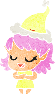 Mutlu el çizimi, bir insan tarafından çizilmiş Noel Baba şapkası takan bir elf kızı karikatürü.