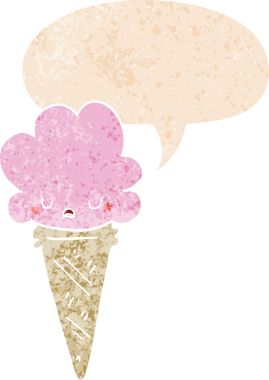 Yüzünde konuşma kabarcığı olan karikatür dondurması bir insan tarafından çizilmiş dertli retro tarzı.