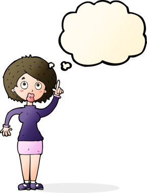 Bir insan tarafından çizilmiş düşünce baloncuğu fikri olan karikatür kadın.