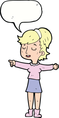 Bir insan tarafından çizilmiş konuşma balonuyla işaret eden mutlu kadın çizgi filmi.