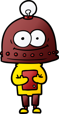 Bir insan tarafından çizilmiş ampullü mutlu karton robot.