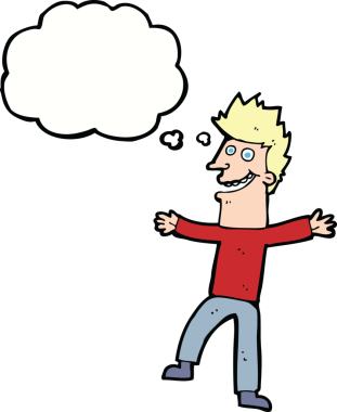 Bir insan tarafından çizilmiş düşünce balonlu mutlu adam çizgi filmi.