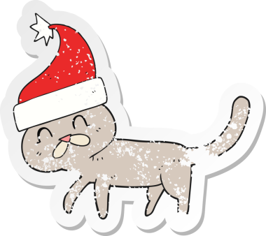 Bir insan tarafından çizilmiş noel şapkası giyen bir çizgi film kedisinin gerilimli çıkartması.