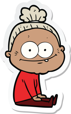 Bir insan tarafından çizilmiş mutlu yaşlı bir kadının çıkartması.