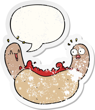 Konuşma balonlu çizgi film sosislisi bir insan tarafından çizilmiş sıkıntılı eski bir çıkartma