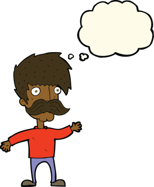 Bir insan tarafından çizilmiş düşünce baloncuğuyla bıyıklı çizgi film adamı.