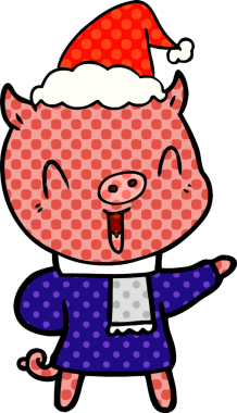 Bir insan tarafından çizilmiş Noel Baba şapkası giymiş bir domuzun çizilmiş mutlu el çizimi çizgi roman tarzı çizimi.