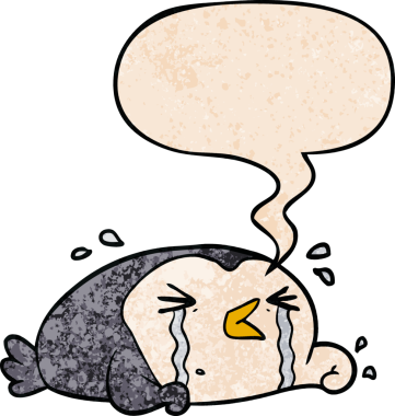 karikatür ağlayan penguen konuşma baloncuğu eski moda bir insan tarafından çizilmiş.