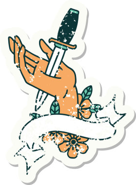 Bir insan tarafından çizilmiş bir hançerin bayrağını taşıyan eski bir etiket.