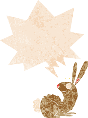 çizgi film ürkmüş tavşancık konuşma baloncuğu ile grunge sıkıntılı retro dokuma bir insan tarafından çizilmiş