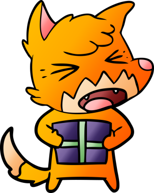 Bir insan tarafından çizilmiş Noel hediyeli kızgın çizgi film tilkisi.