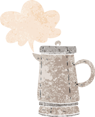 grunge 'da konuşma baloncuğu olan eski bir çizgi film çaydanlığı bir insan tarafından çizilmiş sıkıntılı retro dokuma tarzı