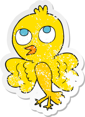 Bir insan tarafından çizilmiş karikatür kuşunun gerilmiş çıkartması.