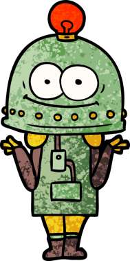 Bir insan tarafından çizilmiş ampullü mutlu karton robot.