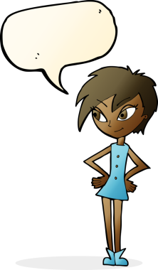 Bir insan tarafından çizilmiş konuşma balonlu elleri olan çizgi film kızı.